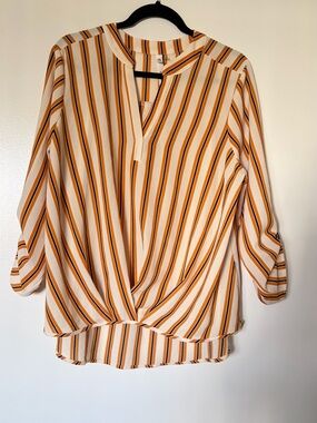 Collection B Cream and Mustard Striped V-Neck Twist-Hem Blouse